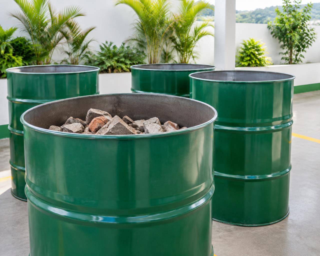 Tambores verdes organizados para coleta de resíduos
