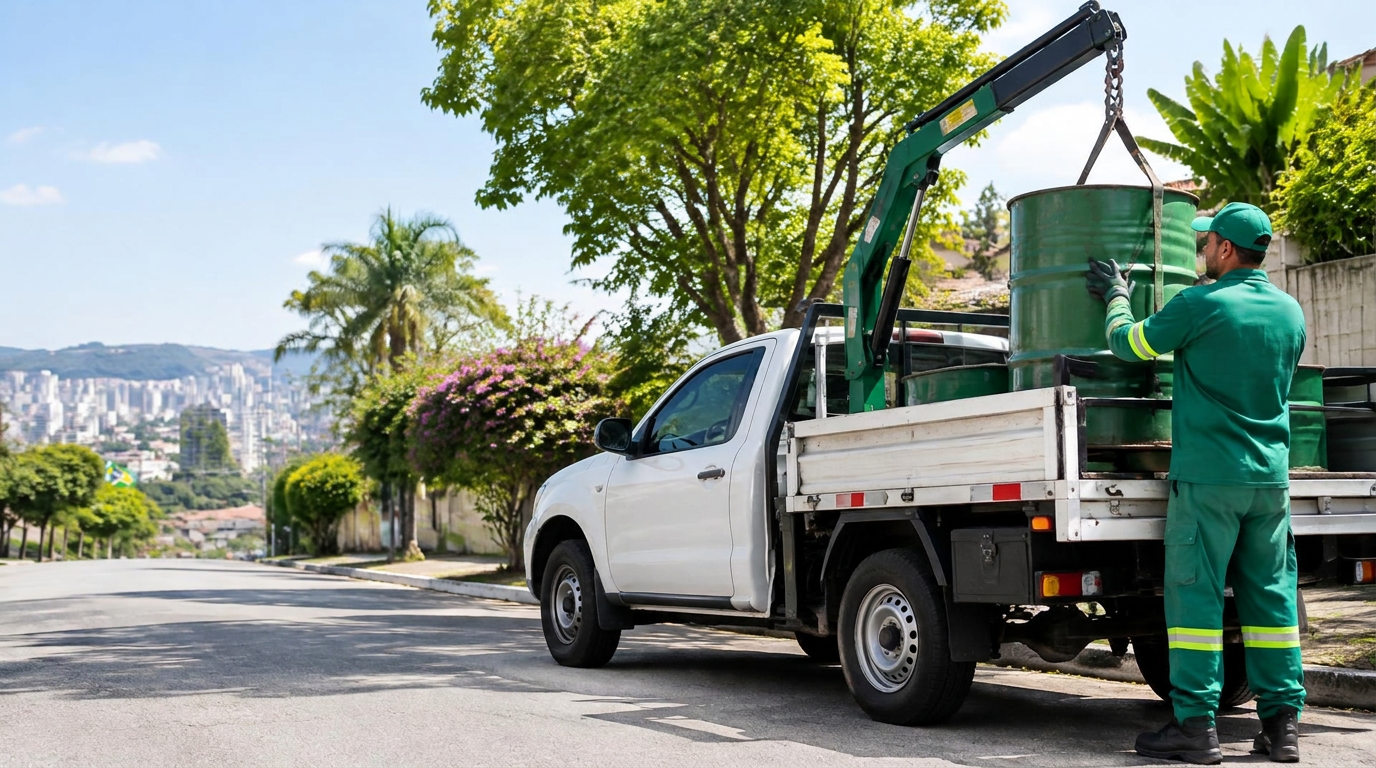 Profissional colocando um tambor de 200L na caminhonete de coleta